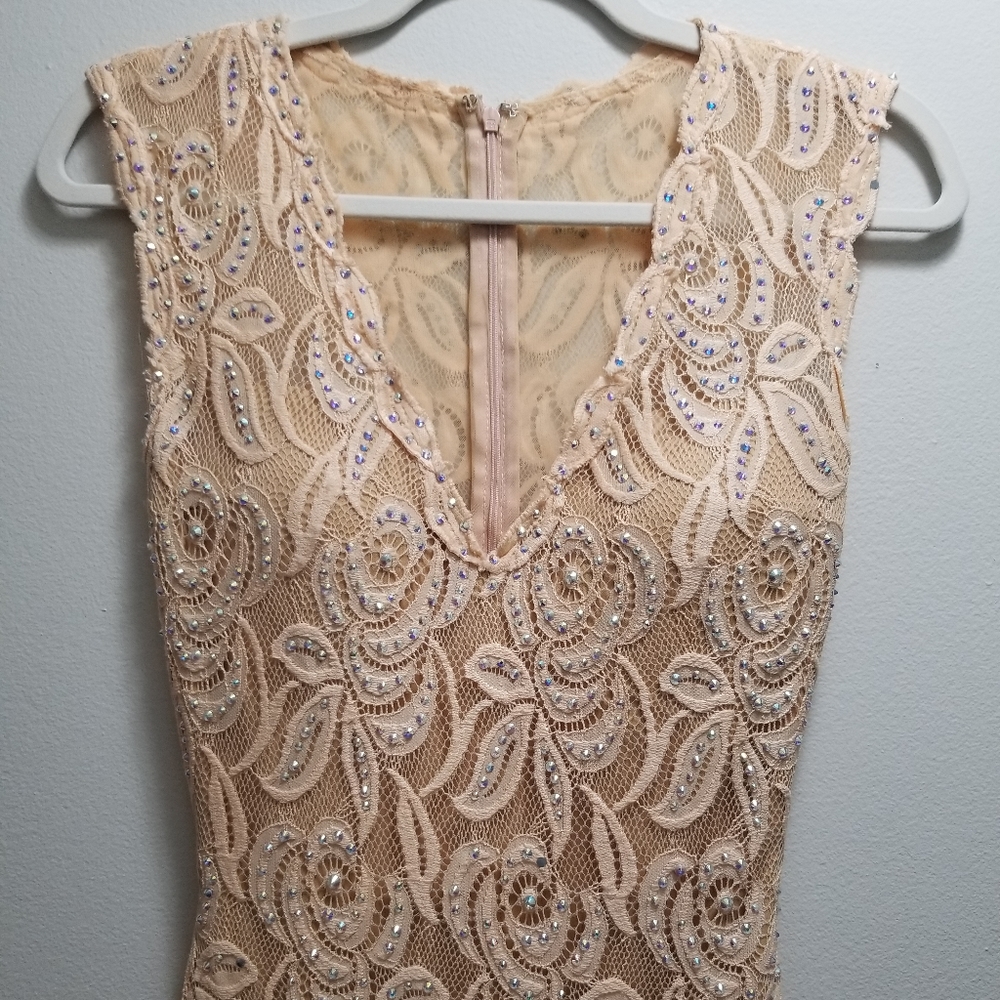 Jovani Nude Lace Beaded Fitted Mermaid Prom Dress